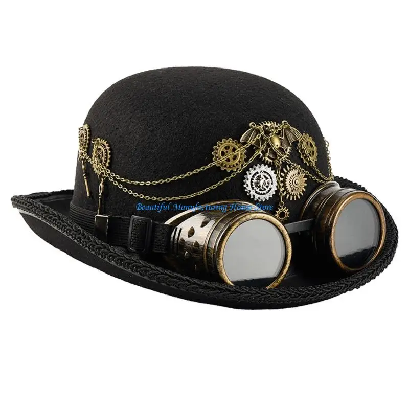 E56A Victorian Theme Steampunk Tall Hat With Removeable Goggles and Gear Detailing for Music Festival and Stage Performances
