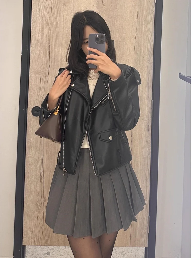 خريف 2025 ياقة بنية وسحاب من جلد البولي يوريثان للدراجات النارية Sle Jaet معطف نسائي فضفاض مناسب معطف أمريكي Sle طويل Sve