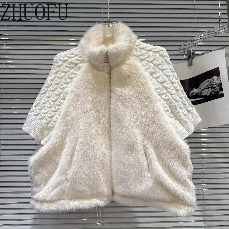 ZHUOFU Trendy 2026 Winter New Fashionable Braided Cable Knit Short Jackets Eco-friendly Faux Fur Splicing Loose Coats Ladies