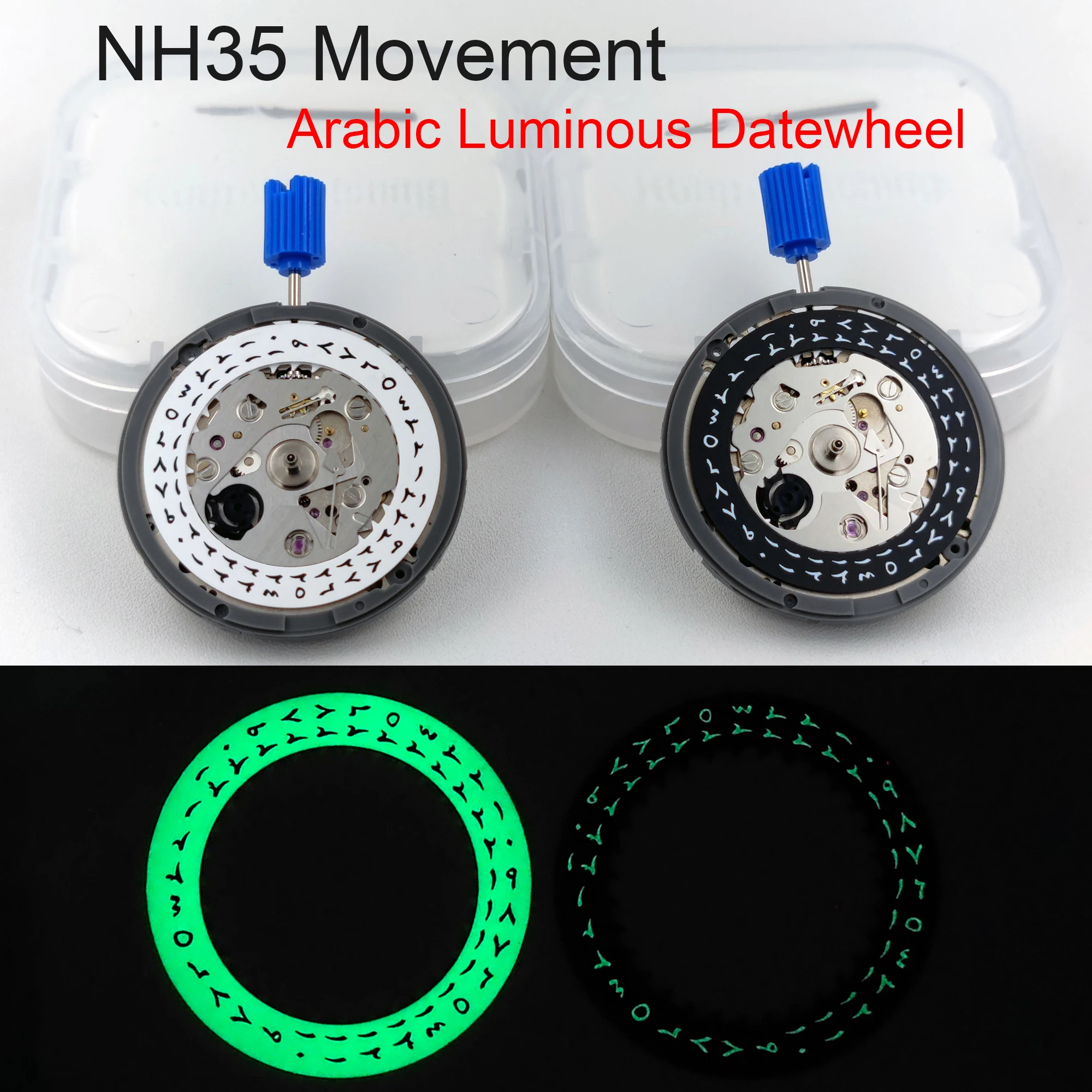 

High Accuracy Japan Modified NH35A Automatic Mechanical Movement Arabic Green Luminous Datewheel Crown at 3.0/3.8 NH35 Movement