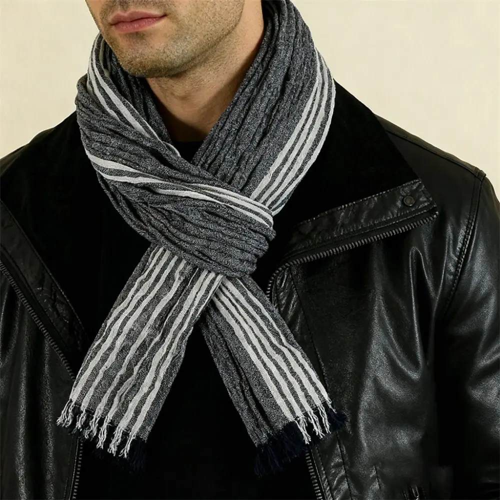 Fashion Cotton Linen Yarn-dyed Winter Men's Scarf Striped Soft Thin Long Shawl Tassel Neckerchief Wrap Autumn Winter Warm
