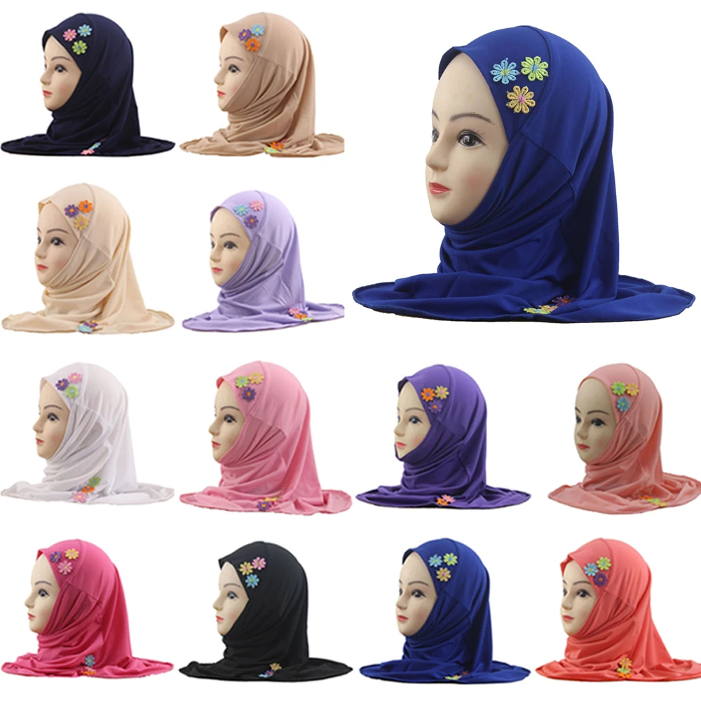 

2-6Y Kids Girls Flower Instant Hijab Muslim Headscarf One Piece Amira Islamic Pull On Ready Made To Wear Scarf Head Wrap Turban