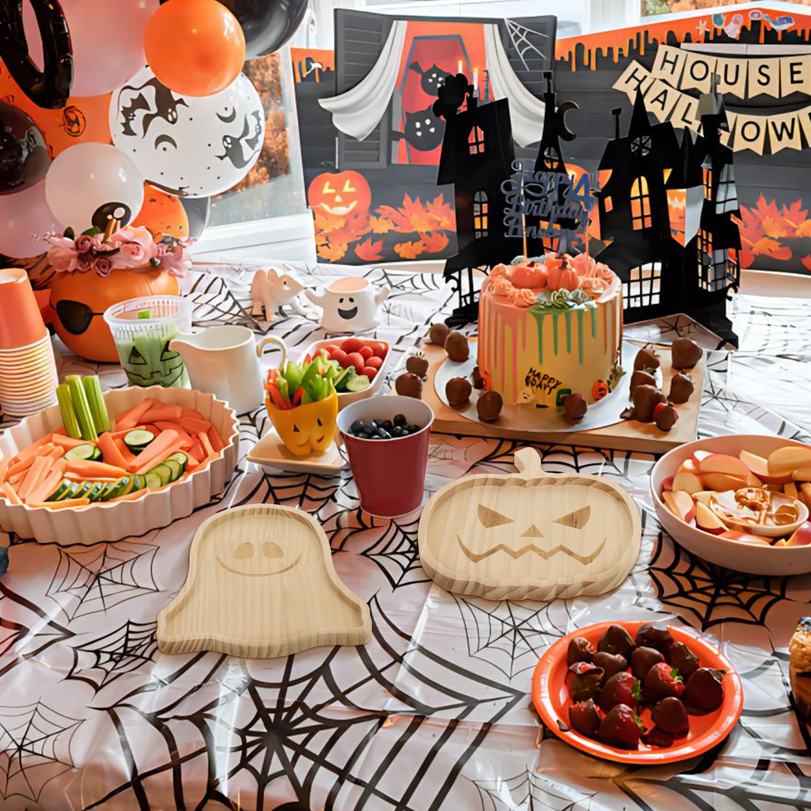 

2 Pcs Wooden Pumpkin Ghost Tray for Halloween Party Snack Food Storage Breakfast Fruit Serving Decor Home Office Use