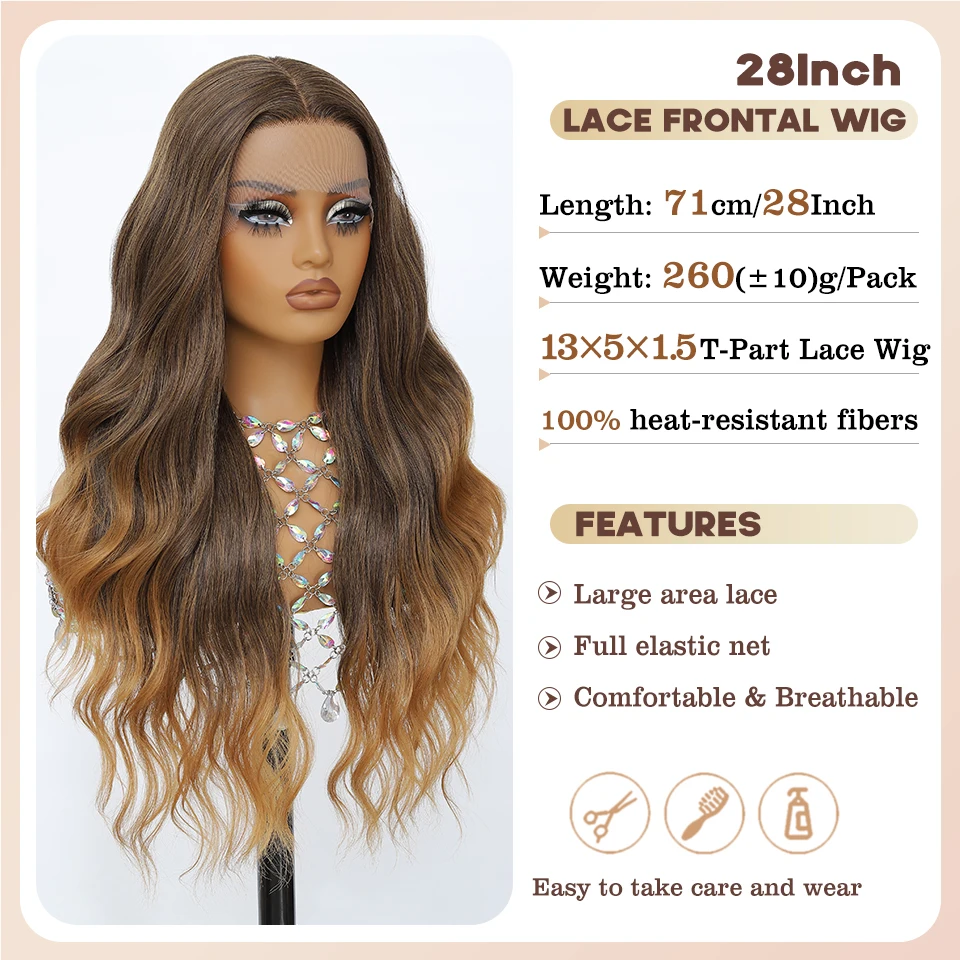 Honigblonde Spitzenperücken für Frauen, 71,1 cm, synthetische gewellte Perücke, Mittelteil, Ombre-Braun, T-Teil, lockige Perücke, natürlich aussehend für die tägliche Party
