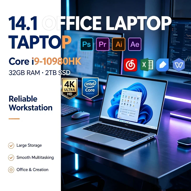 14.1" Portable Slim Notebook Intel Core I9‑10980HK 32GB RAM 2TB NVMe SSD Win11 WiFi6 BT5.2 4K for Gaming Office Design Creation