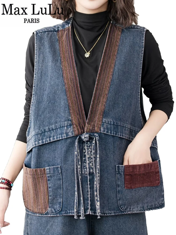 Max LuLu Chinese Design Spring Womens Fashion Denim Vest Loose Sleeveless Coats 2025 Ladies Classic Leisure Vintage Waistcoats