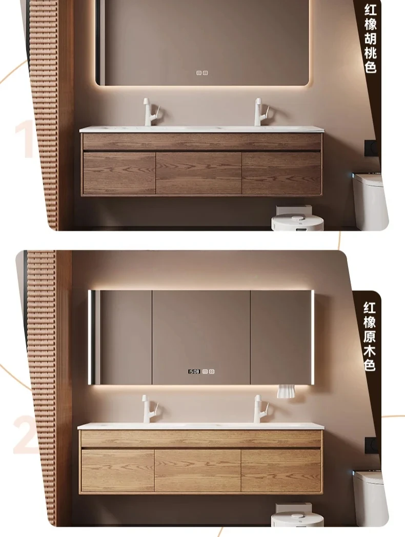 Q Integrated double basin double faucet antique rubber wood enlarged basin intelligent bathroom cabinet