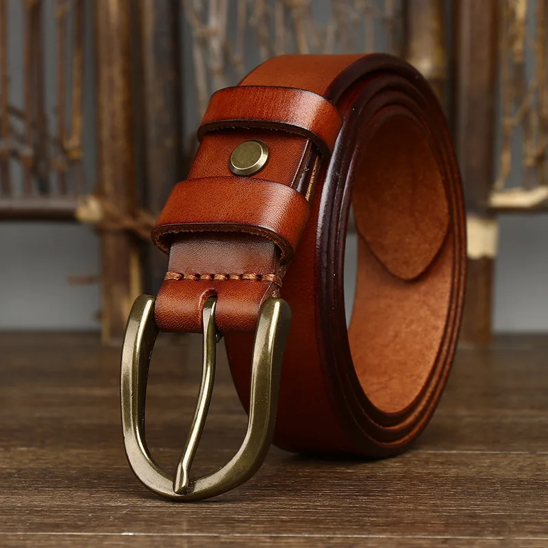 

Vintage Men's Genuine Leather Belt 3.3CM Wide with Copper Buckle