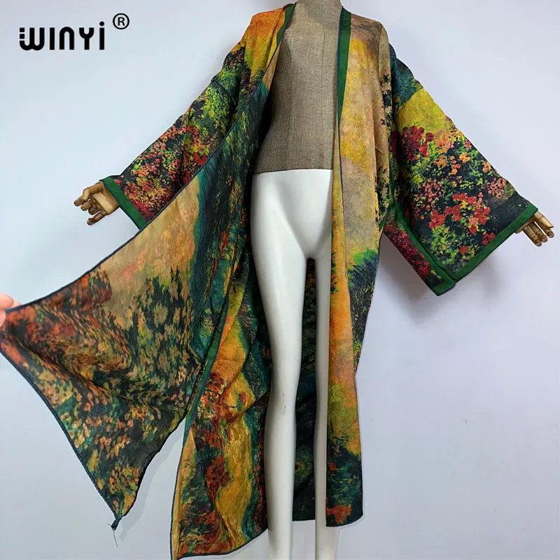 2023 WINYI jesienna wysokiej jakości dwustronna sukienka jedwabna odzież plażowa z nadrukiem kardigan w stylu Boho elegancka seksowna wakacyjna