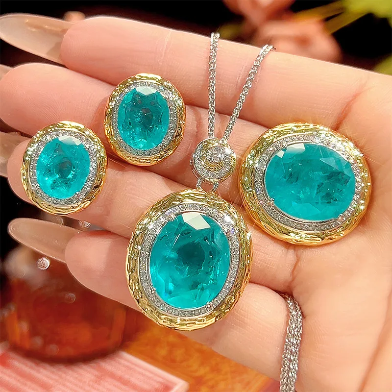Two-tone Gold Plated Oval Simulated Paraiba Jewelry Set for Women Zircon Inlaid Necklace Earrings Ring Luxury Party Jewelry