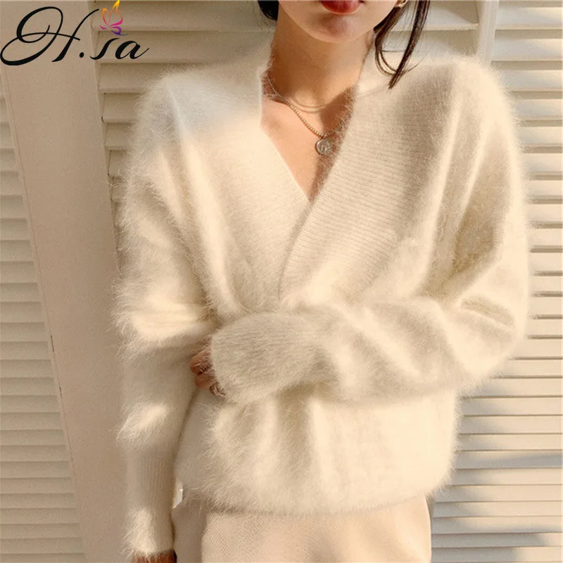 Hsa 2022 Women Spring Knitwear Sweater Jumpers Mohair V-neck Mink Fur Sweater Pullover Korean Solid Fake Fur Chic Sweater Coat