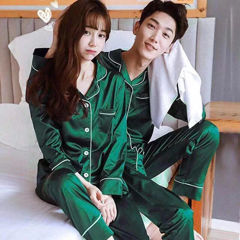 Solid Color Pajamas for Couples Silk Satin Men\'s Women\'s Full Sleeves New Sleepwear Home Clothes Suit Male Pijama Big Size Set