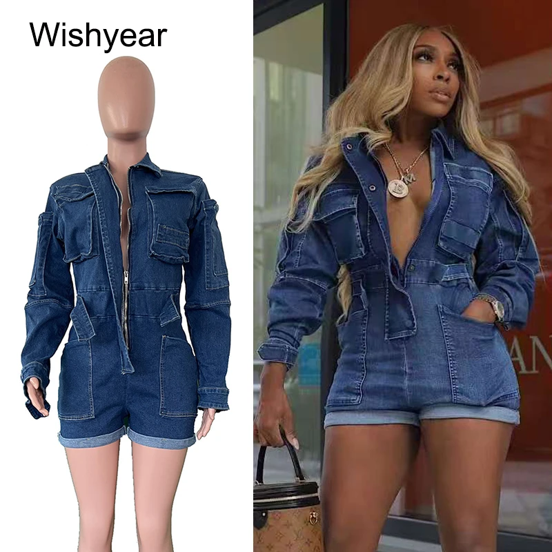 

Модные синие облегающие джинсовые короткие комбинезоны, женские комбинезоны-карго с длинными рукавами и карманами, уличная одежда, комбинезоны, осенние комбинезоны