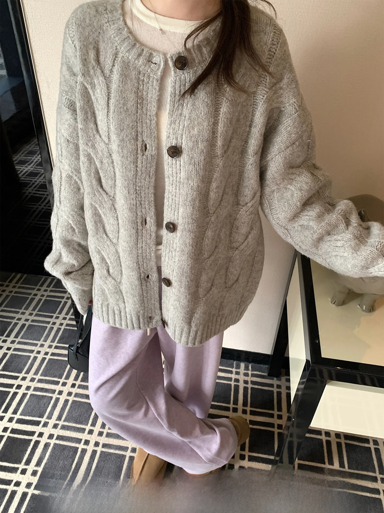 

Loose Women's ey Twisted Knit Sweater Casual Open Cardigan Coat Spring Autumn Winter Button Detail Comfortable Knittedwear