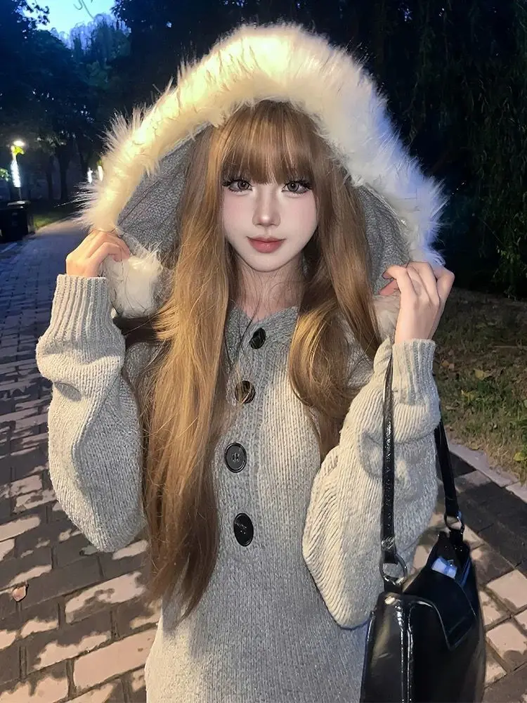 American Vintage Hooded Sweaters Casual Women Long Sleeve Sweater Kniited Jumpers Y2K Vintage Subculture Kawaii Girl Clothing