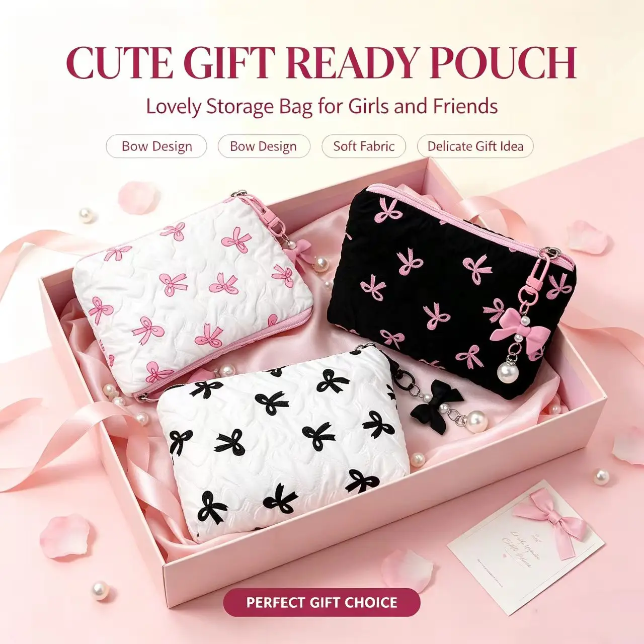 Embroidered Bow Makeup Bag, High Appearance Level, Coin Purse Storage Bag, Cute, Large Capacity, High-End Makeup Bag