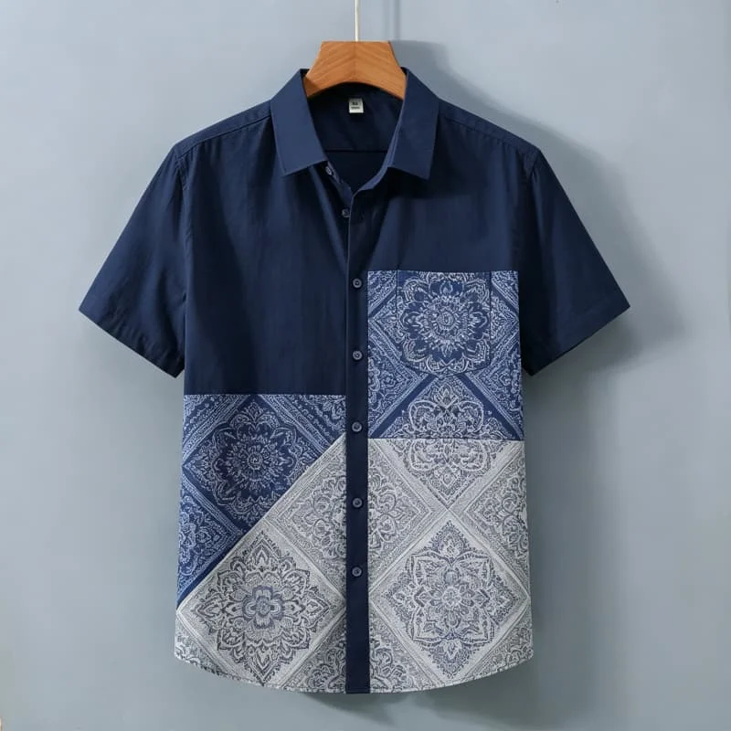 Men's Patchwork Paisley Print Short Sleeved Shirt With pockets, A Retro Atmosphere Top  For Street Wear And Vacation Leisure