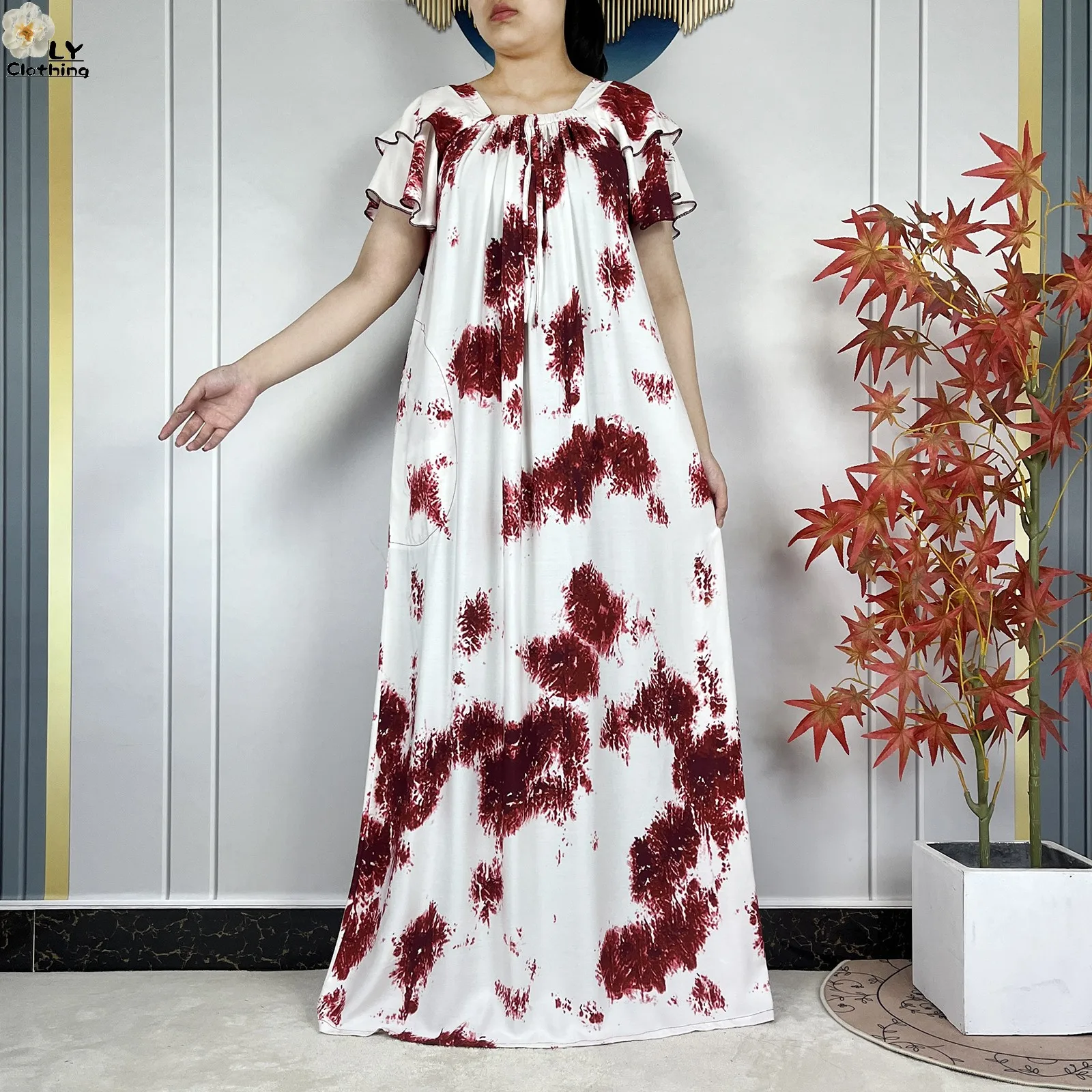 2026Fashion Elegant Dress Tie-dye Cotton Dubai Abaya Women Dress Boat-Neck Short Sleeve Loose Long Maxi Casual African Clothing 4