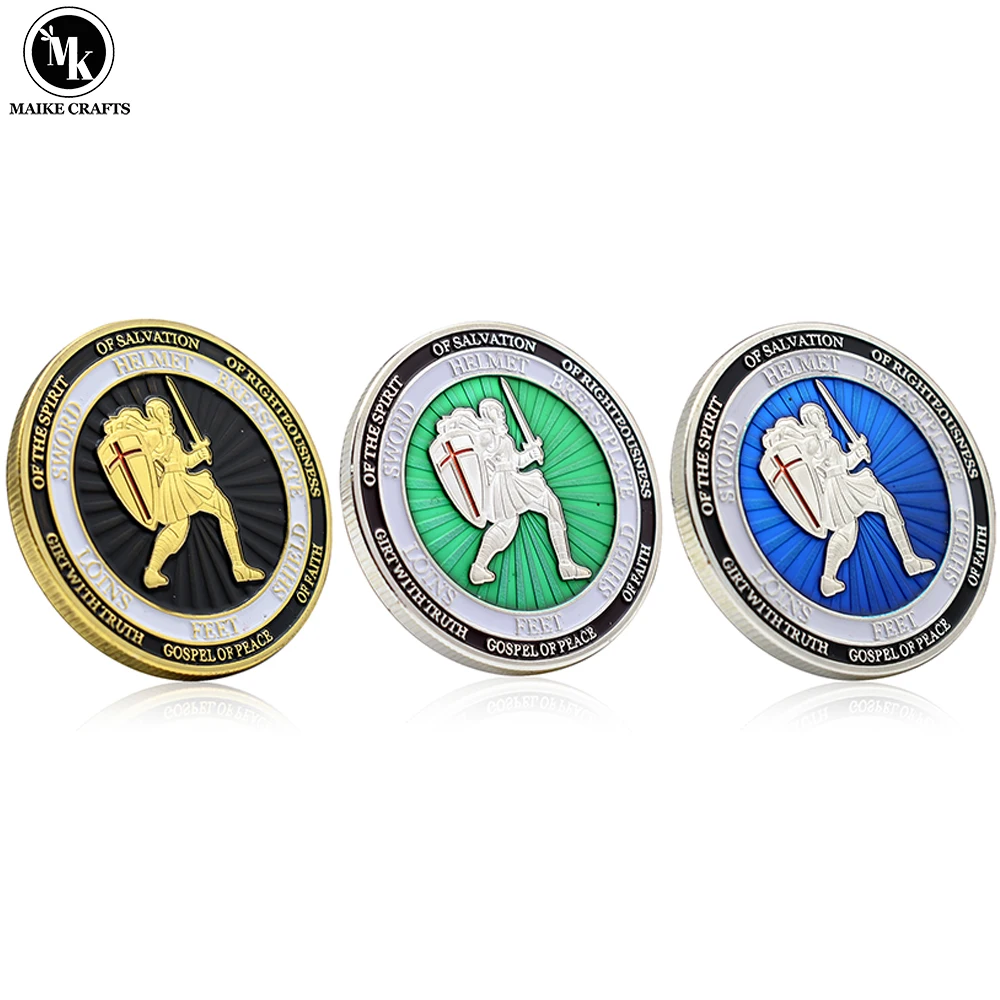 3pcs/set New Armor Soldier Commemorative Coin Gold Blue Green Put on The Full Armour of God Challenge Coin Collection Gift