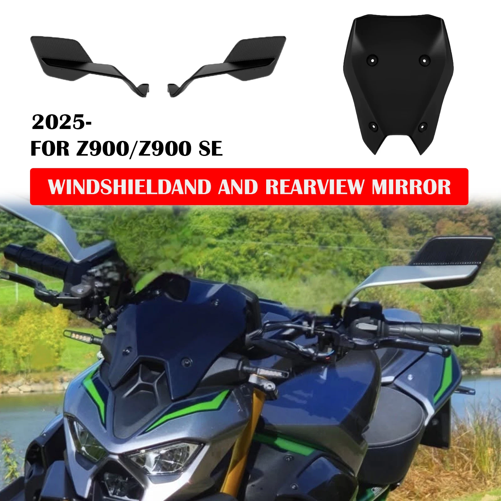 

For Kawasaki Z900 Z900 SE 2025 Motorcycle Windshield and rearview mirror Fixed Wing Front Spoiler Fuel tank sticker Accessories