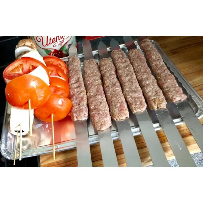 8pcs Kabab Koobideh Skewers 17 Inch Stainless Steel Grilling BBQ Skewer Reusable Barbecue Skewers Flat Stick with Wood Handle