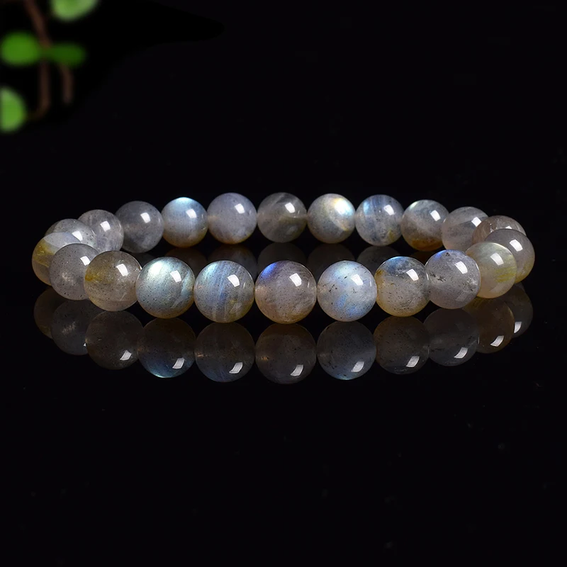 Natural Grey Labradorite Bracelets Flash Smooth Spectrolite Moonstone Round Elastic Beads Bracelet Genuine Natural Stone Jewelry