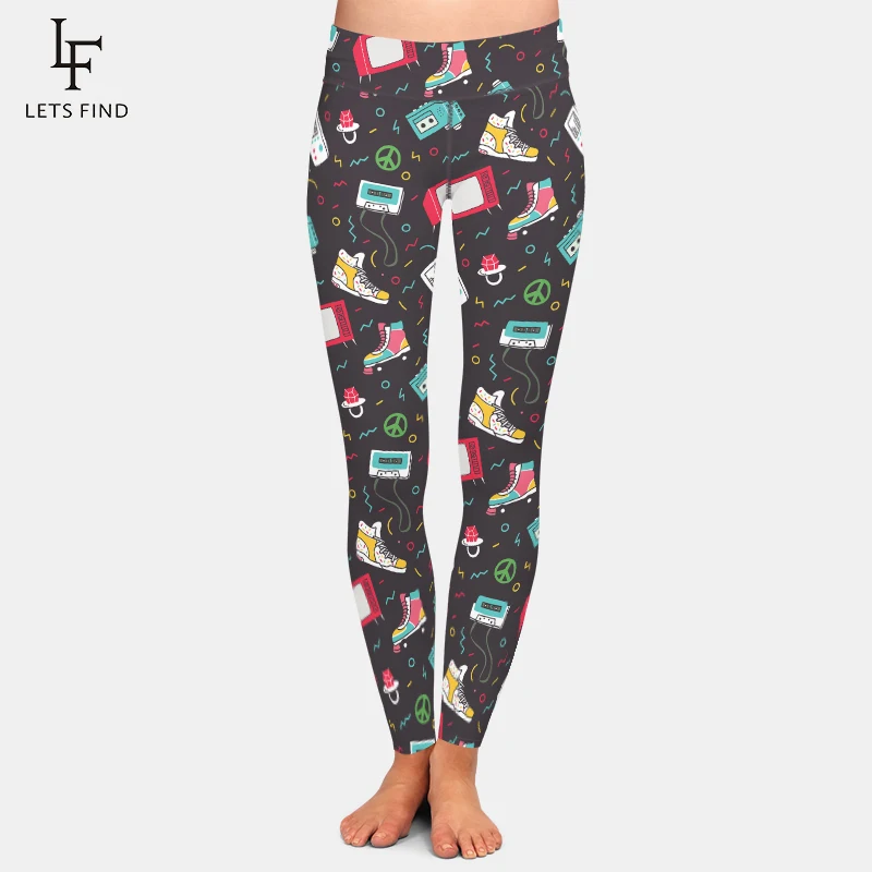 LETSFIND moda donna Leggings a vita alta Vintage Roller Skate Design Leggings Fitness stampa seta latte