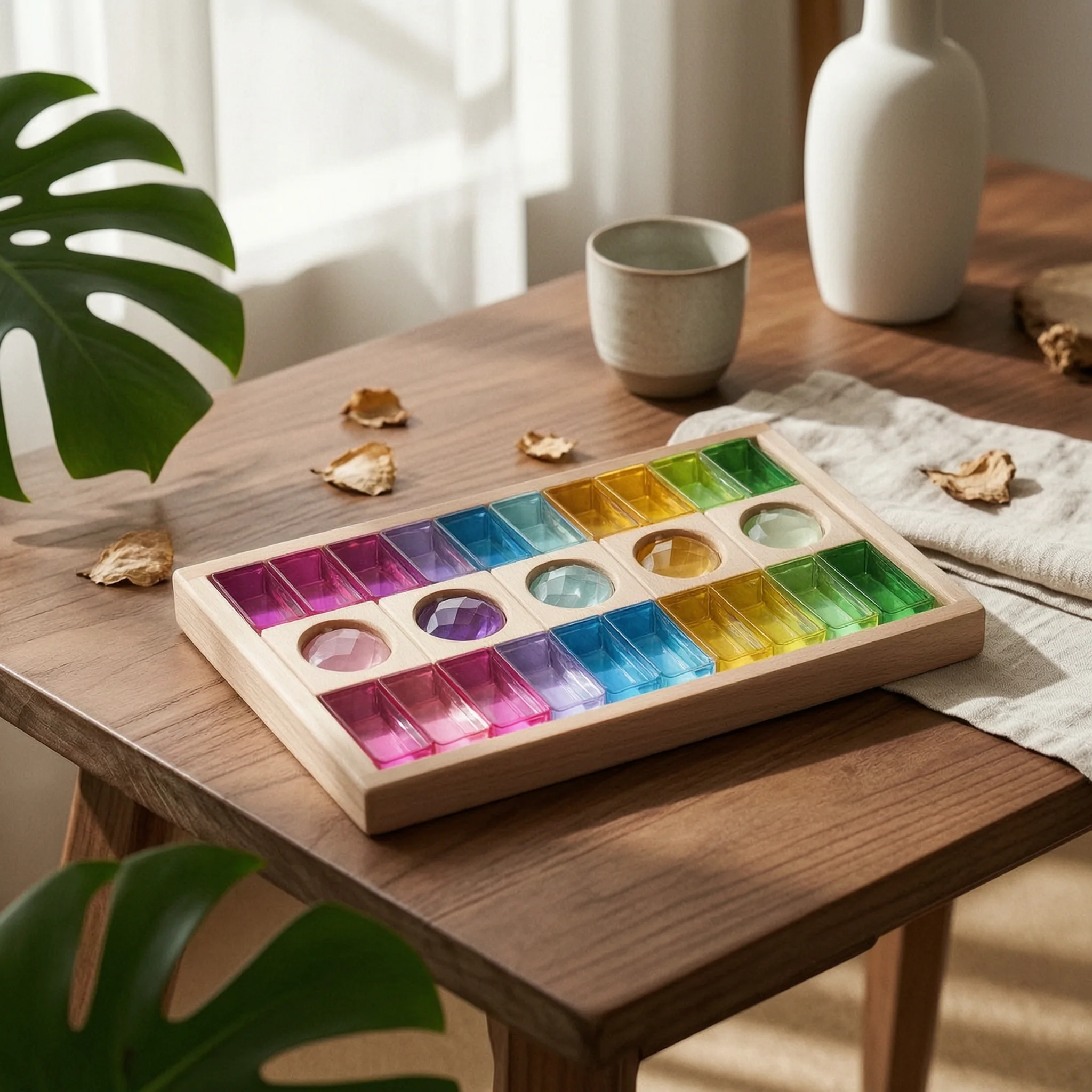 

Acrylic Gemstone Building Block Toy Color Recognition Wood Frame Block Tray Rainbow Acrylic Blocks Sensory Learning for Children