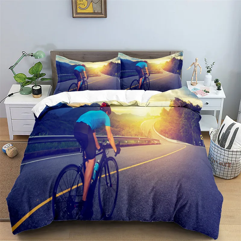 Bike Cycling Print Bedding Set Sport Style Duvet Cover Mountain Bike Quilt Cover With Pillowcases King For Teen Adult Room Decor