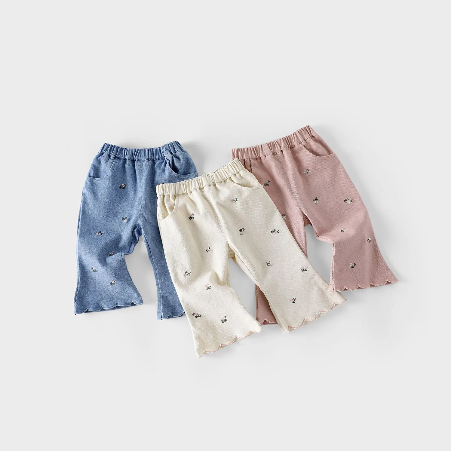 Girls Embroidered Flared Pants Trendy Korean Style Casual Trousers for Kids Autumn Fashionable Ruffle Edged Children's Clothing