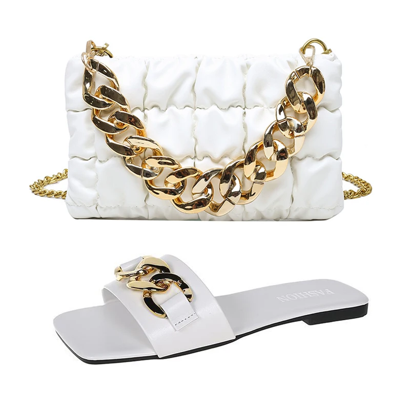 Summer New Square Head Chain Slippers Large Size Color Slippers Thick Chain Handheld Small Square Bag Set Flat Bottom Beach Shoe