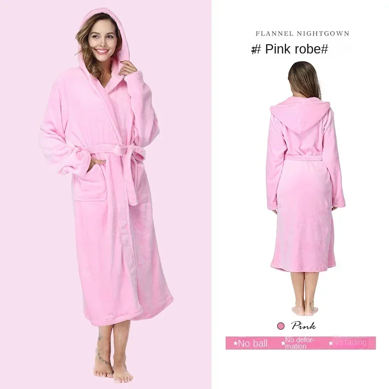 Women's Solid Color Plus Size Hooded Nightgown, Home Wear, Hotel Autumn and Winter Pajamas, Extended Flannel Couple Bathrobe