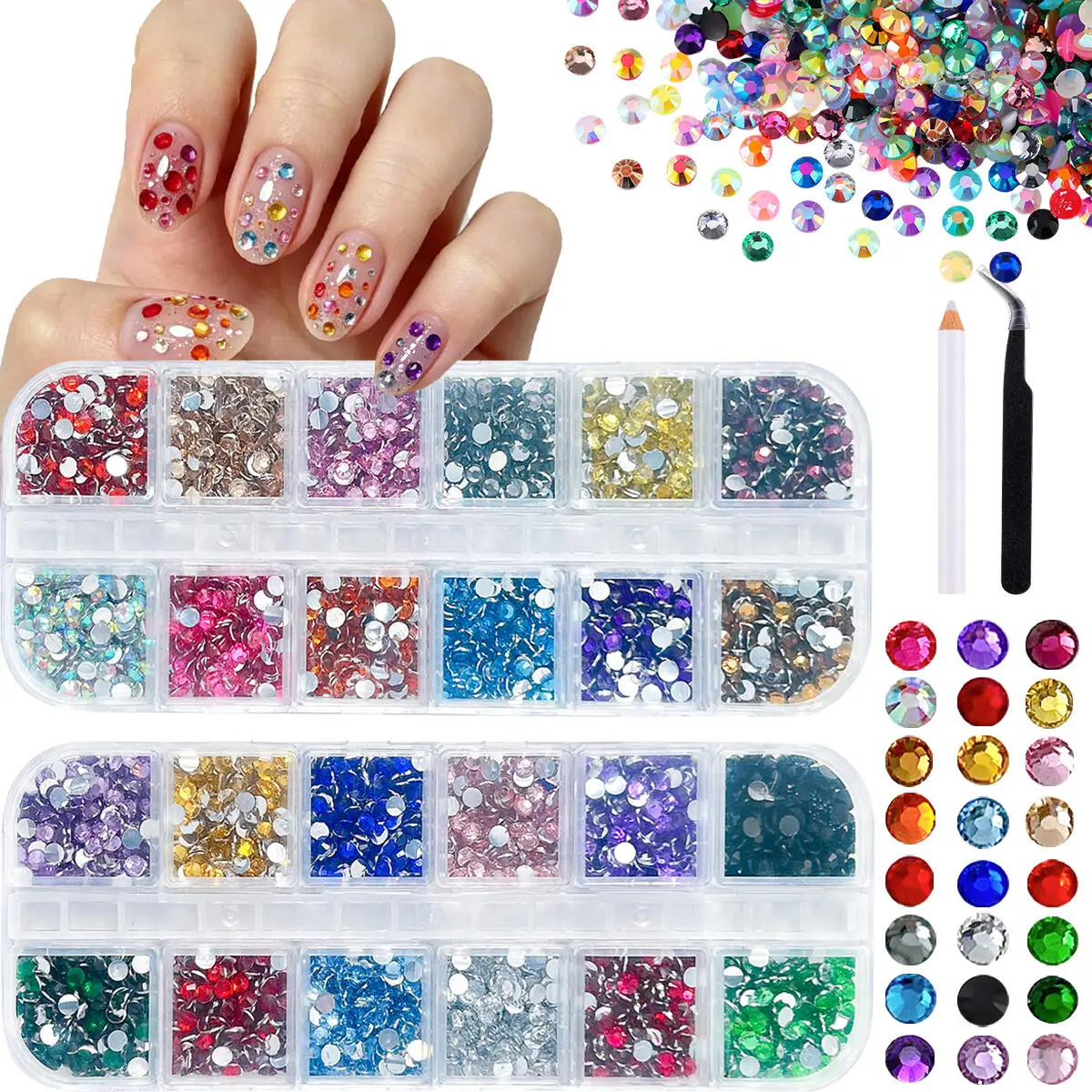 2Boxes Sparkling Colorful Semi-circular Rhinestones Nail Charms 3mm Mini Silver Flatback Resin Nail Gems DIY Glasses Cup Nails