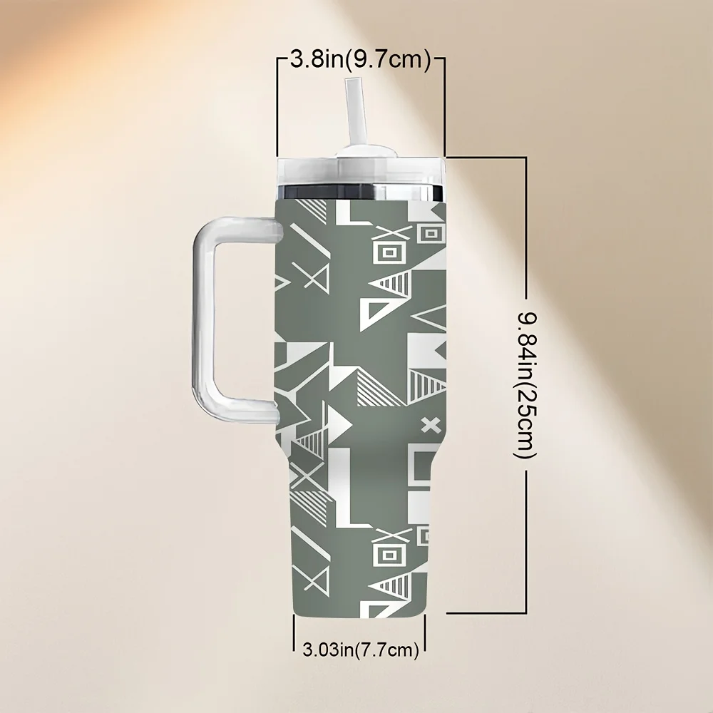 Sage Green Geometric Abstract Pattern Travel Tumbler with Handle And Straw Perfect for Daily Use And Outdoor Activities
