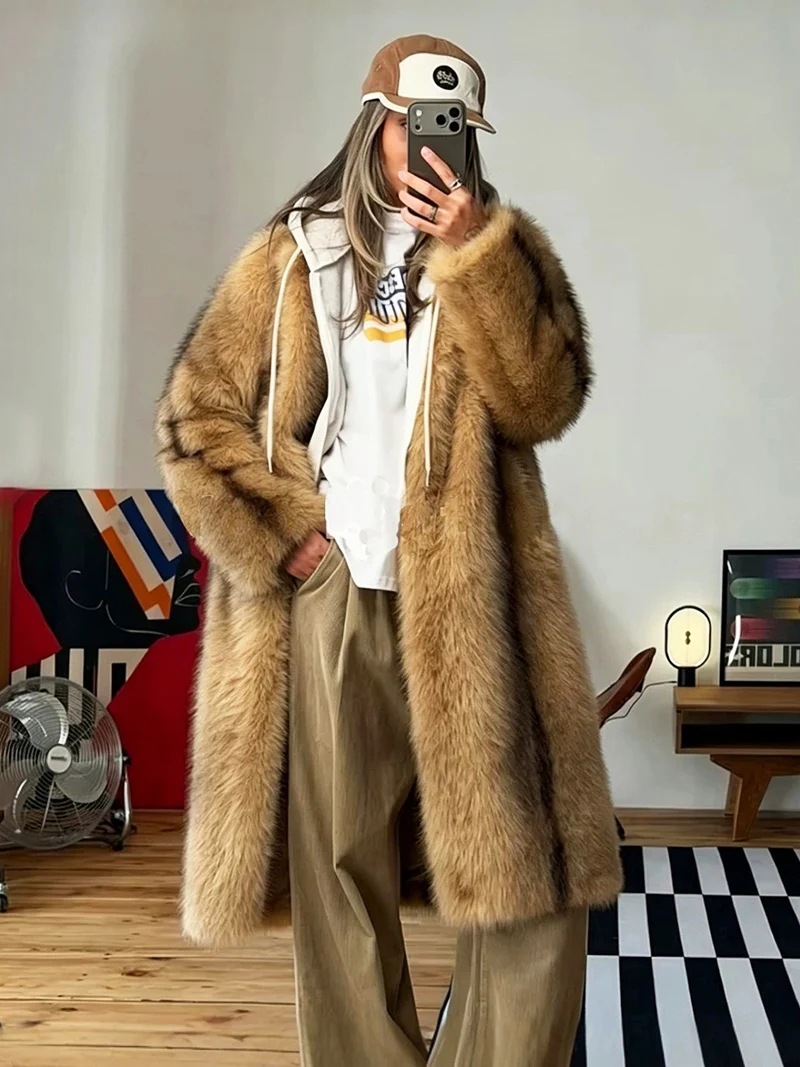 ZADORIN Runway Fashion Women Faux Fur Coat Elegant Striped Long Overcoat Winter Coats Woman Thick Fluffy Fur Jacket Outerwear
