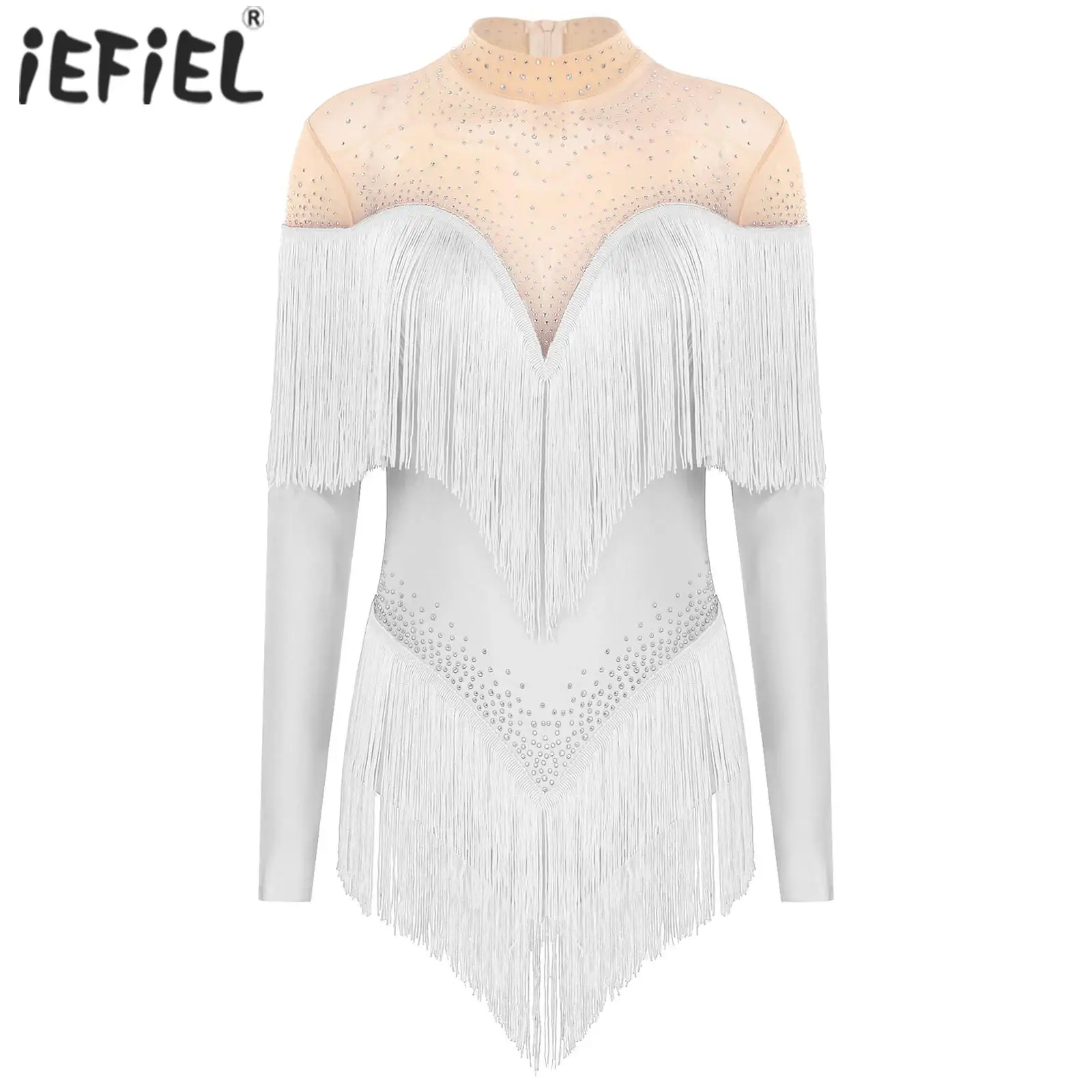 Womens Shiny Rhinestones Figure Skating Costume Tassel Latin Ballet Dance Leotard Mock Neck Long Sleeve Sheer Mesh Bodysuit