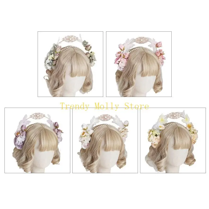 N5KBファッションウェディングカラフルな花の装飾ヘアバンド繊細な王冠二重層ステージパーティーの女性スタイリングヘッドウィー
