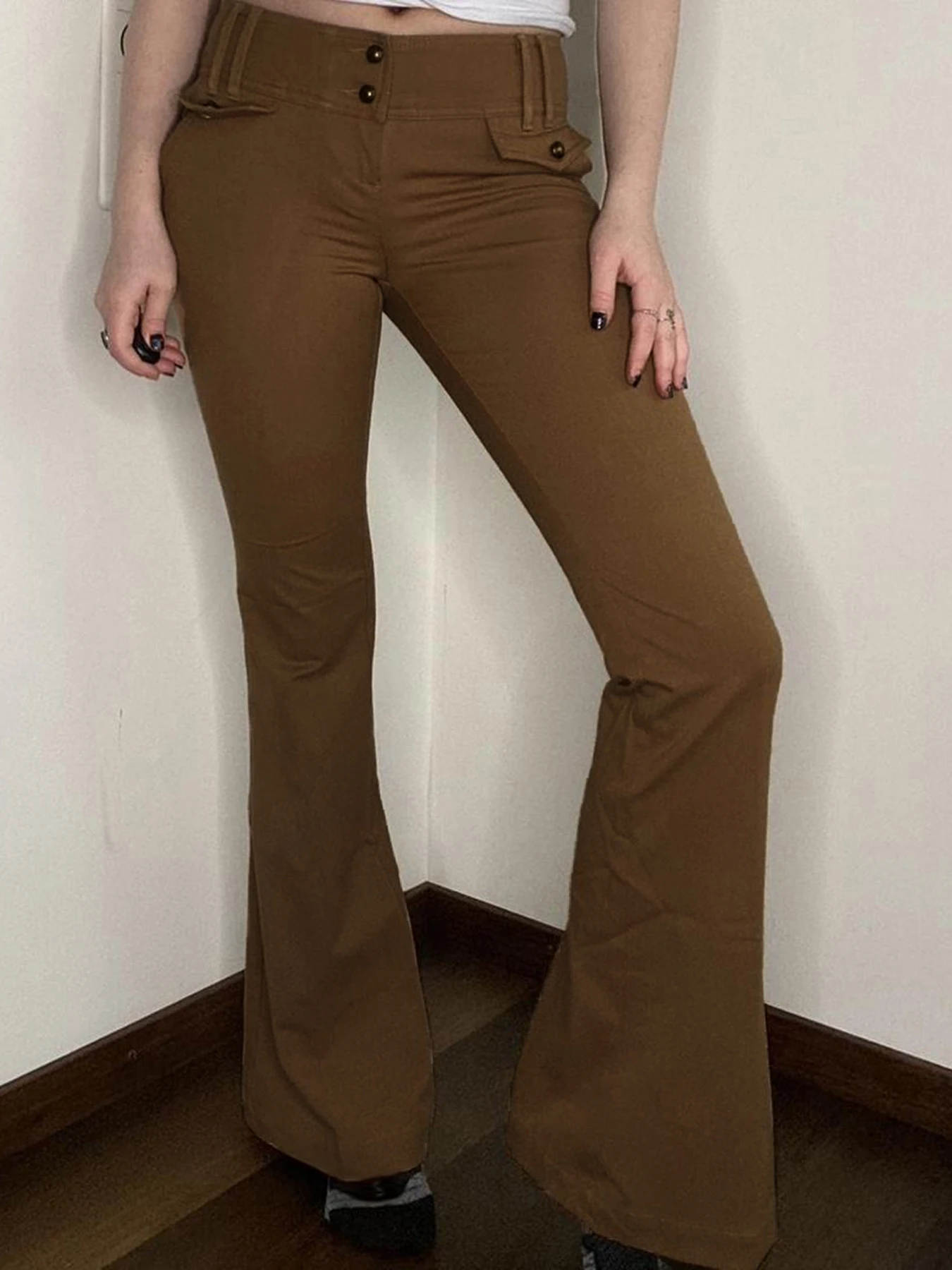 

Weekeep Y2k Low Waist Flared Pants Streetwear Retro Brown Casual Pants Women Vintage 2000s Pocket Trousers Korean Style Capris