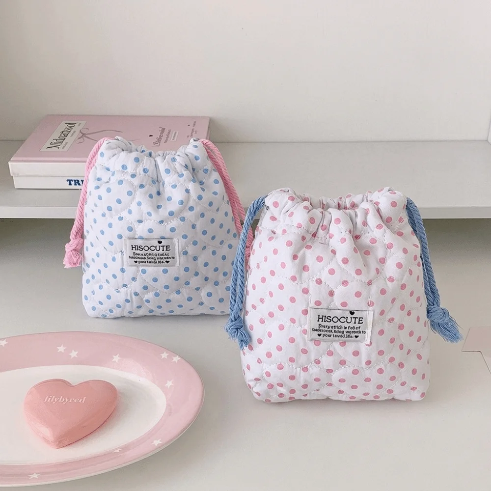 New Polka Dot Pattern Cosmetic Bag Soft Cotton Multipurpose Makeup Pouch Quilted Toiletry Storage Bag Women