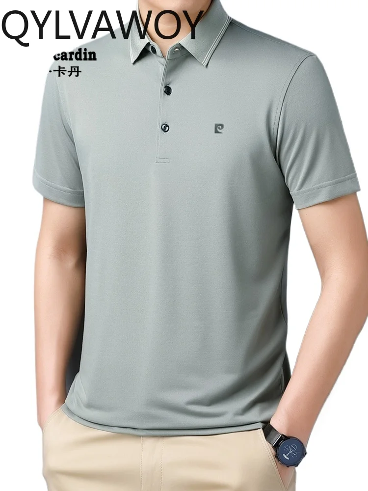 

QYLVAWOY 100% Silk Men's Short-Sleeve T-Shirt Summer Wrinkle-Resistant Loose Lapel Ice Silk Middle-Aged Dad's Polo Shirt LJ2243