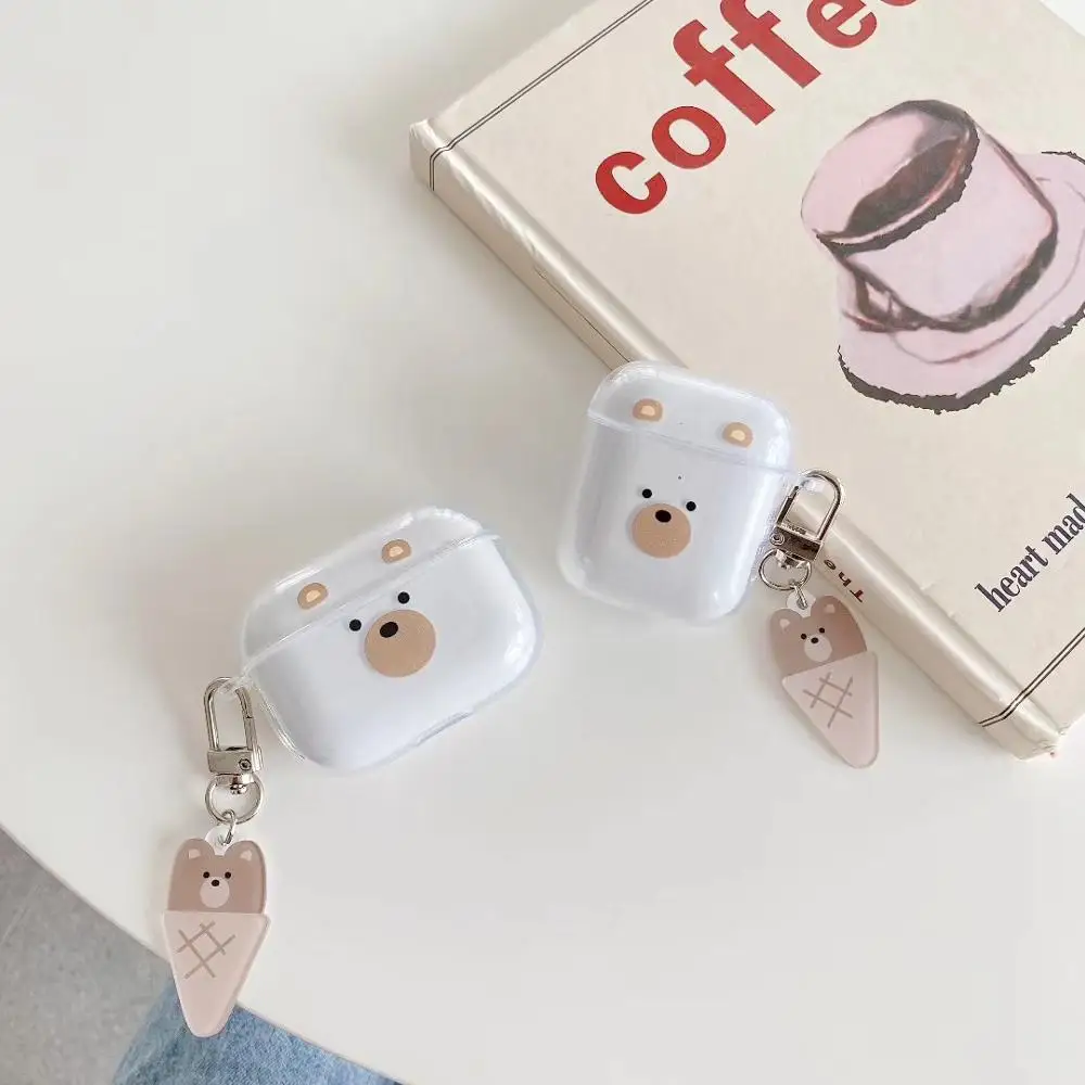 Cute Ice Cream Bear Pendant Bluetooth Headset Soft Cover for Airpods 1 2 3 Transparent Earphone Protective Cases For Airpods Pro