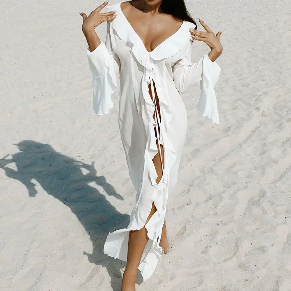 2026 V Neck Summer Beach Cover Up Long Sleeve Ruffled Bikini Sunscreen Smock Vacation Casual Swimsuit Cover Up Dress for Women
