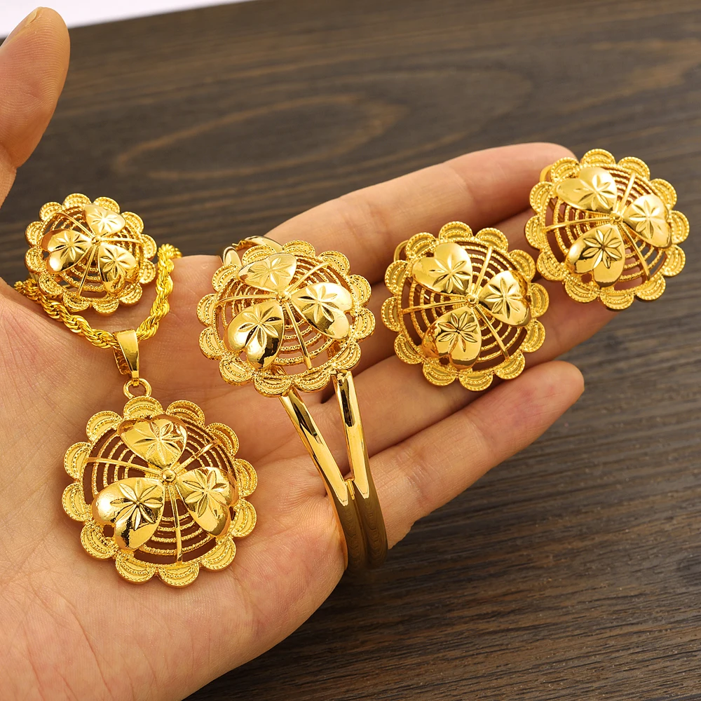 Nicely Ethiopian Gold Color Flower Jewelry Classic Golden Chain Earring Ring Bangle Eritrea Set Women Habesha Wedding Party Gift