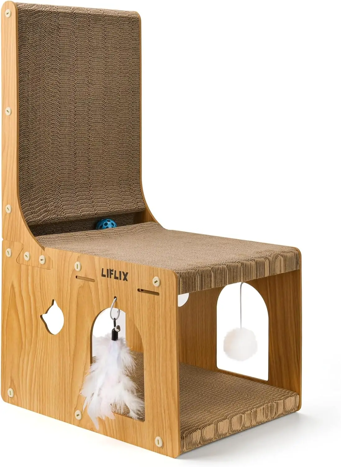 

L-Shaped Double-Layer cat Scratching Board, Cardboard cat Scratching Post with Toys, Cat Scratcher & Hideaway for Indoor
