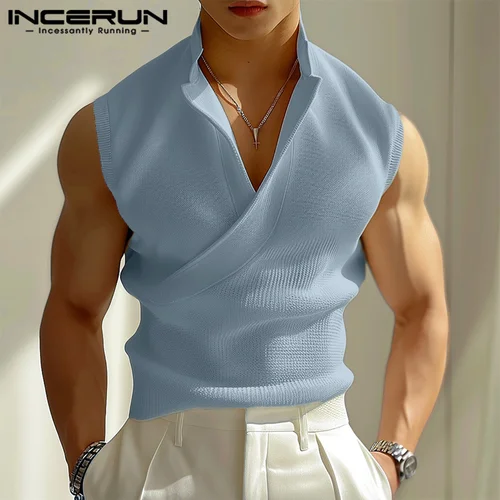 Imagen 2 del producto INCERUN-camisetas sin mangas para hombre, chalecos informales sin mangas con cuello en V, ropa de calle de Color sólido, moda de ocio coreana, 2024