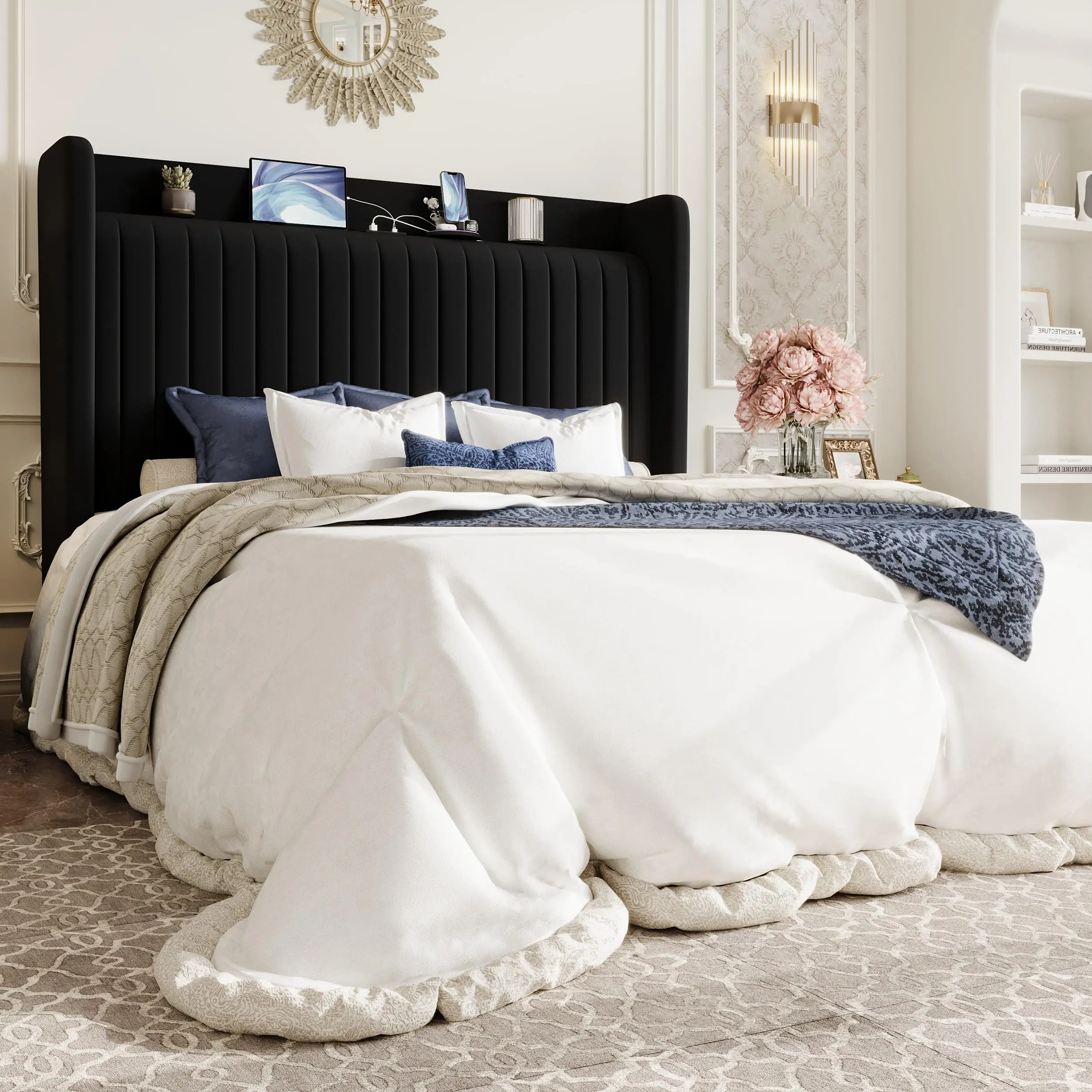Queen Size Velvet Bed Frame with Shelf, Charging Station, Black