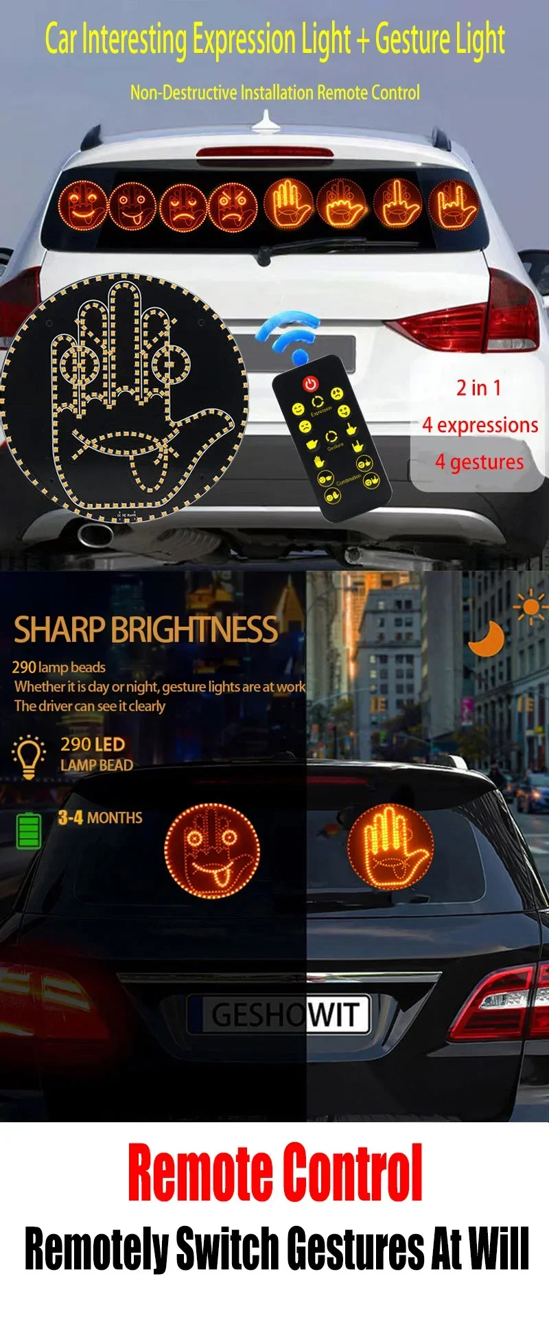 Kreativer Spaß Drei Modelle Gestenlampe Auto Innen Heckscheibe LED Handgeste Zeichen Mittelfinger Zeichen Warnung Bremslicht – Detail 2