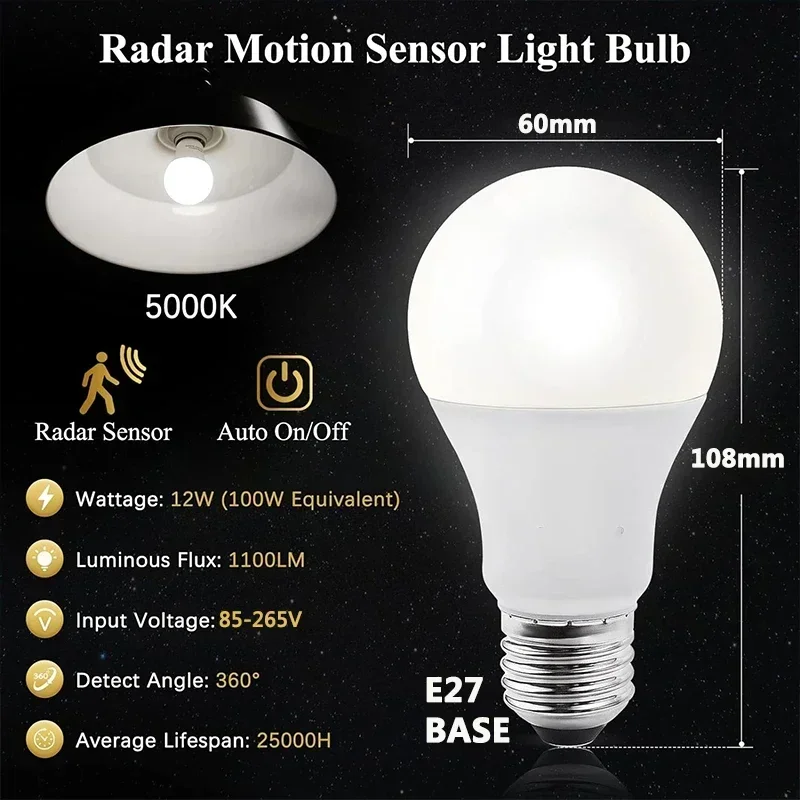 1~2Pack 10W LED Bulb Light E27 Radar Motion Sensor 85-265V White Smart Lamp Working in Night for Home Living Room Stair Pathway