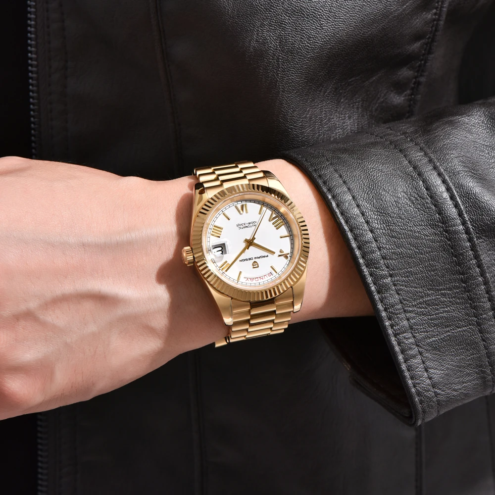 PAGANI DESIGN ساعات 2025 جديد الذهب الأبيض DD40 ساعة ميكانيكية فاخرة للرجال الفولاذ المقاوم للصدأ الياقوت كريستال ساعة أوتوماتيكية