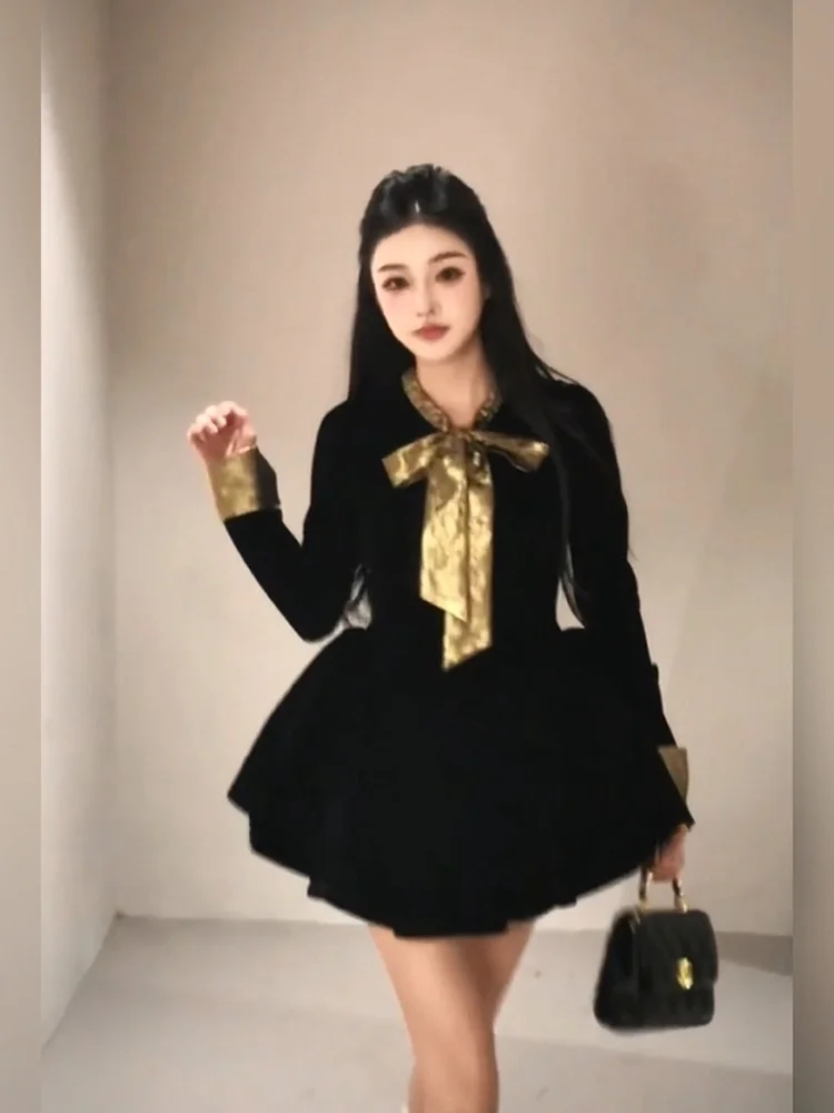 

Удобное бархатное платье SYJ с бантом, с завышенной талией, для женщин больших размеров, корейский стиль, А-силуэт, юбка на день рождения